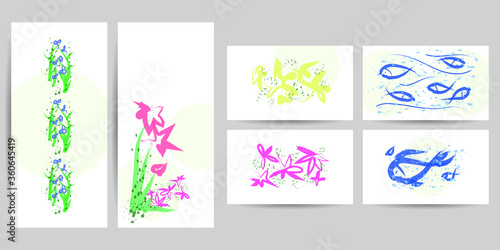 Set of cards with abstract flowers in the style of botanic with wild flowers, leaves. Floral poster, invitation design background. Hand drawn stock illustration