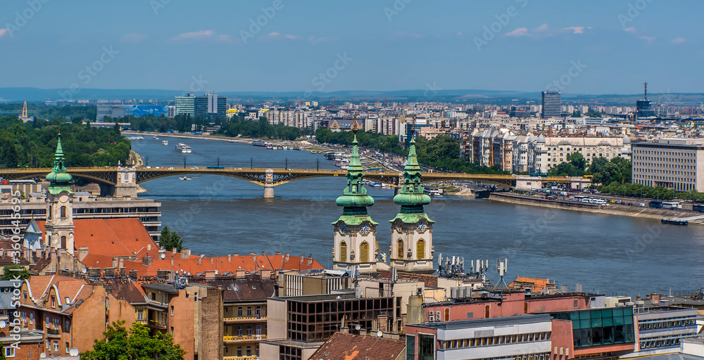 The view from the Fisherman's Bastion towards Margaret Island in Budapest in the summertime