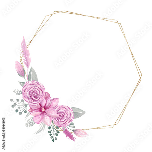 Geometric gold frame with flower arrangement Pink Magnolia Rose bouquet with leaves and branches isolated on a white background