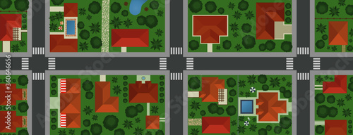 Buildings from above vectors, aerial view of town houses and parks illustration