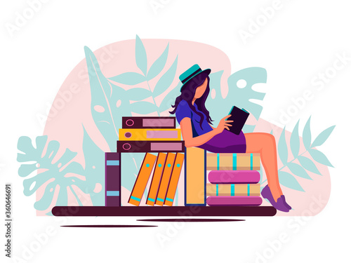 Young girls holding books and laptop isolated characters on white background,Girl reading, sitting on stacks of books.Concepto Book Festival. Young beautiful girl in a T-shirt and skirt hat is reading