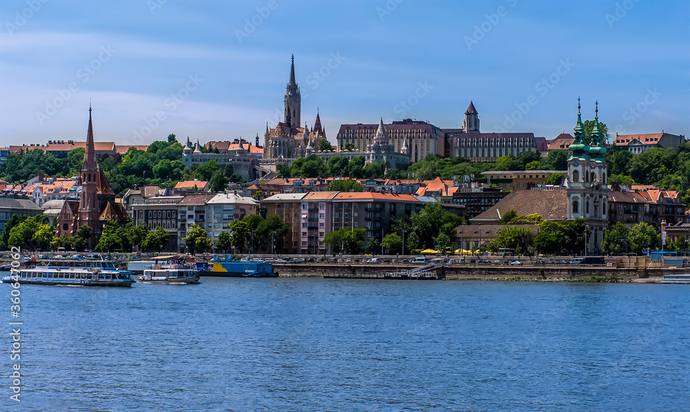 The Castle District and waterfront viewed from the east bank of the River Danube in Budapest during summertime