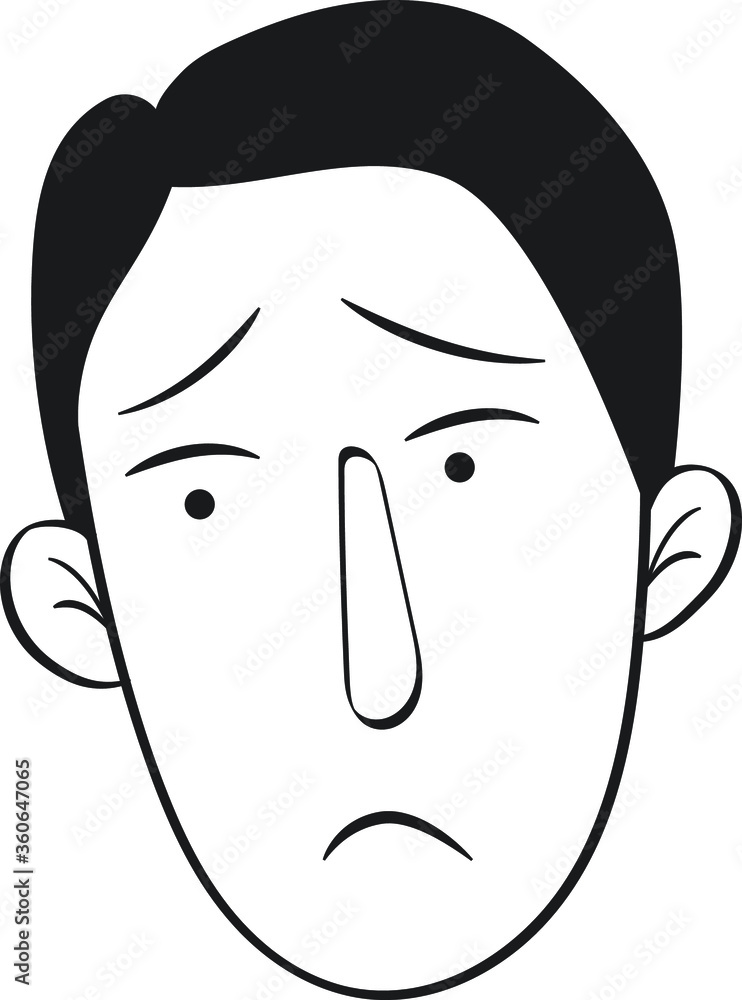 Vector black and white line illustration human expression, sad guy with short black hair and big nose Vector black and white line illustration human expression, sad guy with short black hair and big nose