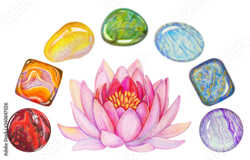 Rainbow Chakra Lotus Stone Set for Meditation. Hand drawn illustration of Chakra Healing Crystals with pink lotus flower. photo