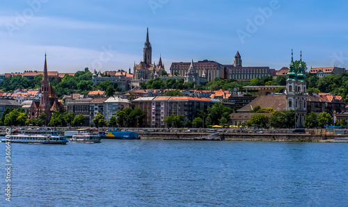 The Castle District and waterfront viewed from the east bank of the River Danube in Budapest during summertime