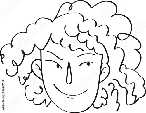 Vector black and white line illustration human expression, sarcastic girl with sly eyes and curly hair