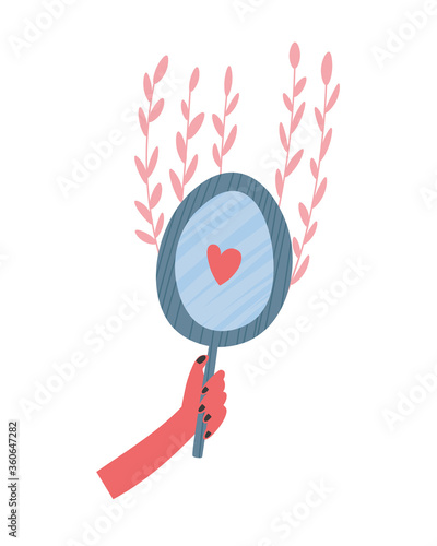 Vector illustration of a girl looking in the mirror and trying to love yourself. Mental health illustration.