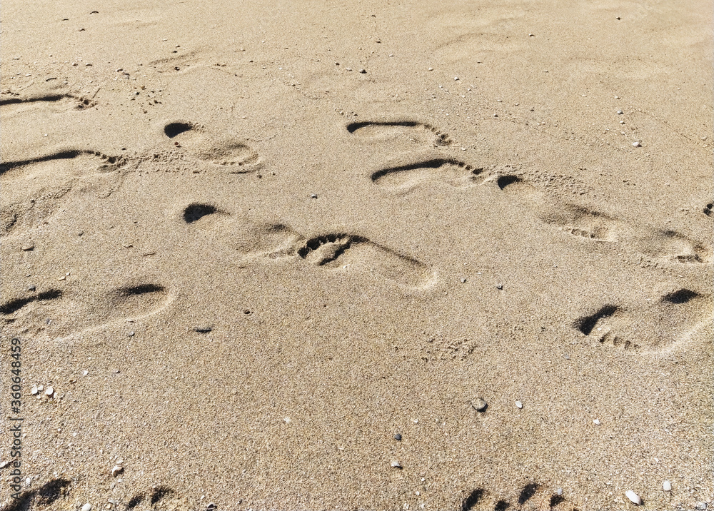 Many different prints of male and female legs on the sea sand with sea shells. Walk barefoot along the shore with footprints. Tourist rest. Many different prints of male and female legs on the sea sand with sea shells. Walk barefoot along the shore with footprints. Tourist rest.