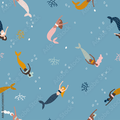 Summer seamless pattern with mermaid under the sea - vector illustration