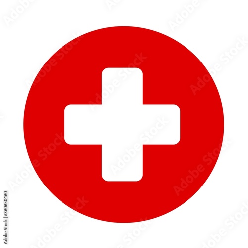 Icon with white cross sign on red background. Medical symbol