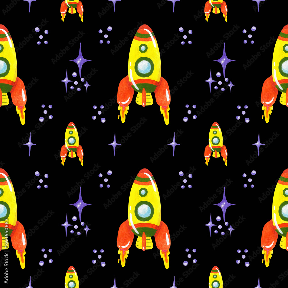Seamless pattern of space rocket with stars in space. Decorative watercolor pattern for washi, package, wrapping, covering, print, scrapping, washi, tape, fabric, textile, ribbon, card and etc. Seamless pattern of space rocket with stars in space. Decorative watercolor pattern for washi, package, wrapping, covering, print, scrapping, washi, tape, fabric, textile, ribbon, card and etc.
