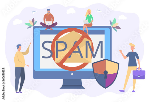 Spam, newsletter. Annoying notifications online. Advertising, ad blocking software. Virus protection. Colorful vector illustration.