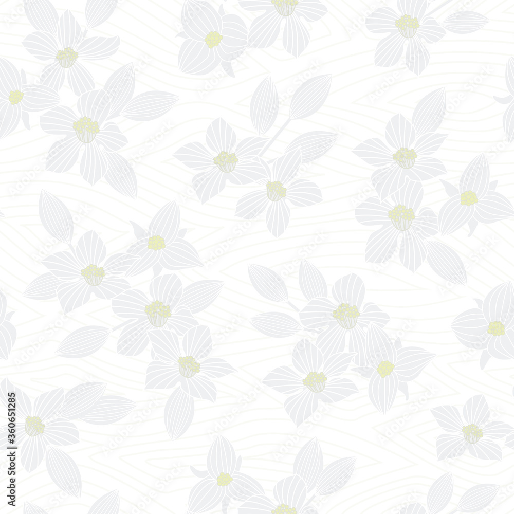 Vector Flowers in White Gray Yellow on White Background Seamless Repeat Pattern. Background for textiles, cards, manufacturing, wallpapers, print, gift wrap and scrapbooking.