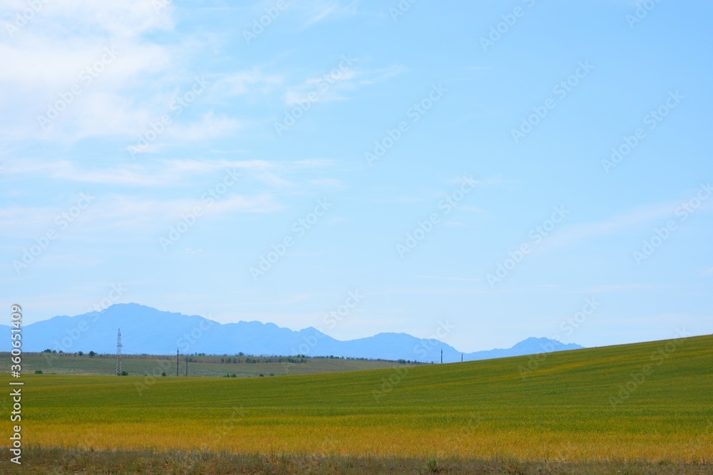 Kazakh steppe summer day landscape on the road A-3 in Kerbulak district of Almaty region, Kazakhstan