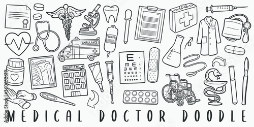 Medical Doctor Doodle Line Art Illustration. Hand Drawn Vector Clip Art. Banner Set Logos.