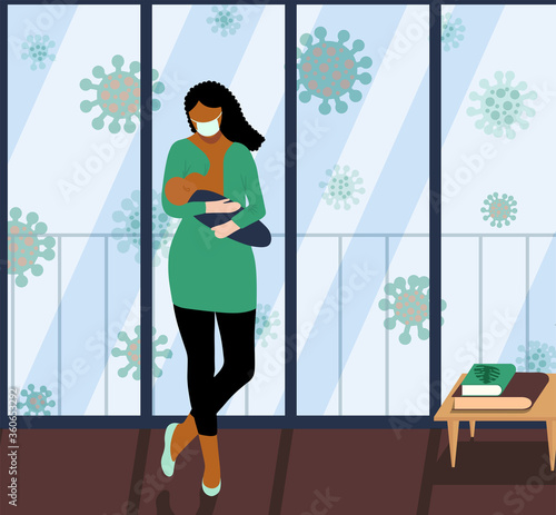 African American girl in protective mask stands and breastfeeds the baby. in the background - the Covid-19 molecule flies outside window. Support for breastfeeding. protection of mothers and newbon