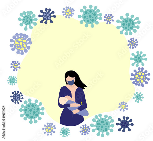 brunette is breastfeeding a baby. Lactation during the pandemic coronavirus. Covid-19 molecules around the mother in a medical mask. Frame for text. world breastfeeding week
