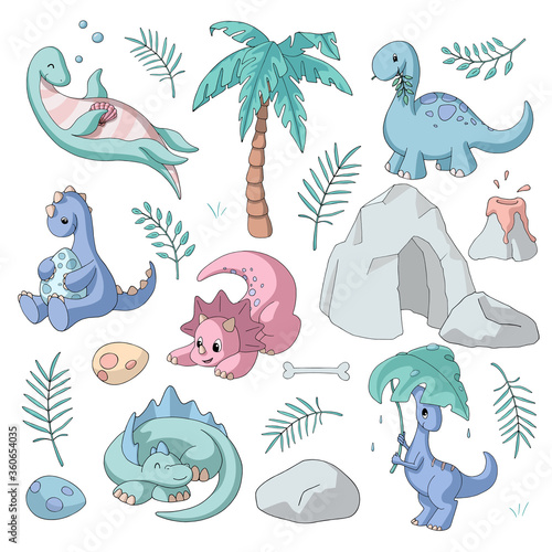 Set of cute cartoon dinosaurs (herbivores and swimming) and jurassic elements (volcano, cave, eggs, tropical leaves). Pastel colors. Isolated objects on white background for kids products.
