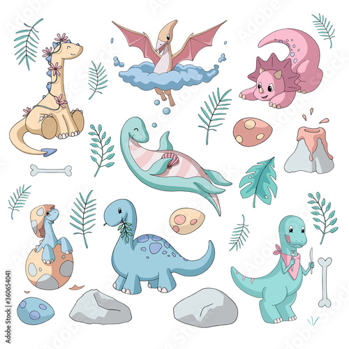 Set of cute cartoon dinosaurs (herbivores, flying and swimming, predators) and jurassic elements. Pastel colors. Vector illustration. Isolated objects on white background for kids products.