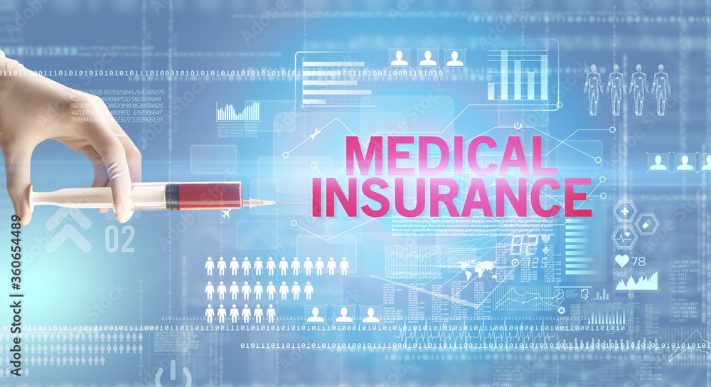 Close-up view of doctor's hand in a white glove holding syringe with MEDICAL INSURANCE inscription, healthcare and medical concept Close-up view of doctor's hand in a white glove holding syringe with MEDICAL INSURANCE inscription, healthcare and medical concept