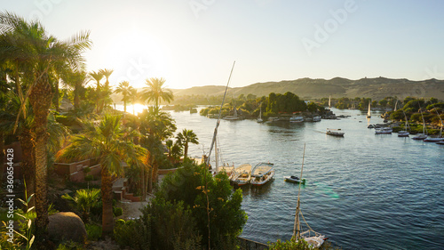 Photos Nile river bank in Egypt sunset sky and palm tree with sand dessert slope in the
