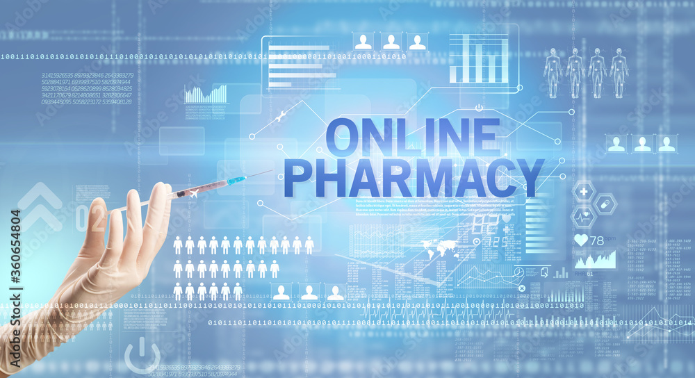 Close-up view of doctor's hand in a white glove holding syringe with ONLINE PHARMACY inscription, healthcare and medical concept Close-up view of doctor's hand in a white glove holding syringe with ONLINE PHARMACY inscription, healthcare and medical concept