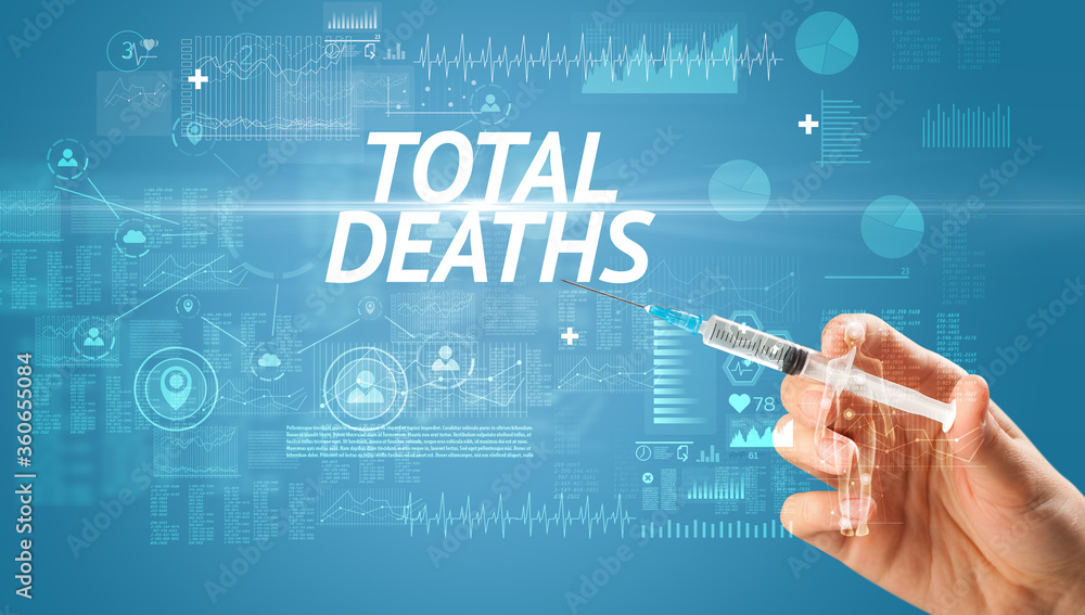 Syringe needle with virus vaccine and TOTAL DEATHS inscription, antidote concept Syringe needle with virus vaccine and TOTAL DEATHS inscription, antidote concept
