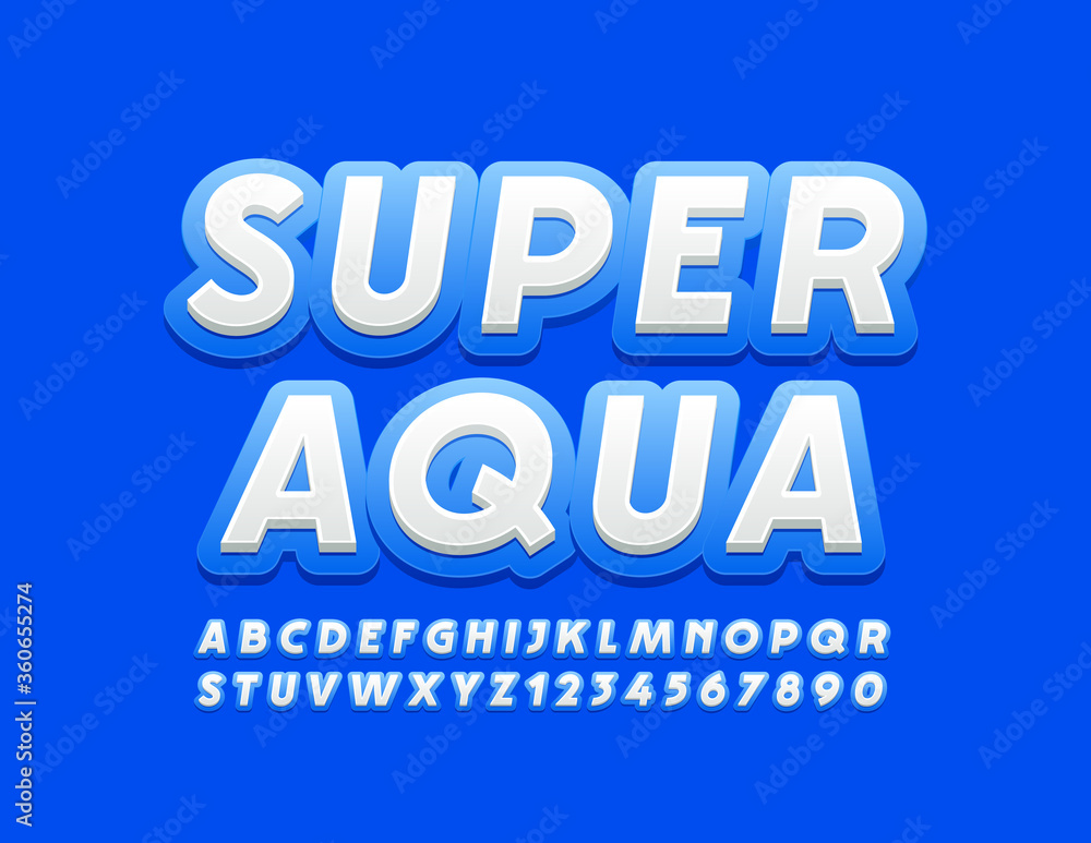 Vector eco banner Super Aqua. Blue and White modern Font. Trendy Alphaebt Letters and Numbers set Vector eco banner Super Aqua. Blue and White modern Font. Trendy Alphaebt Letters and Numbers set