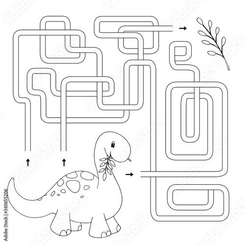 Labyrinth. Maze game for kids. Help cute cartoon dinosaur find path to the leaf. White and black vector illustration for coloring book.