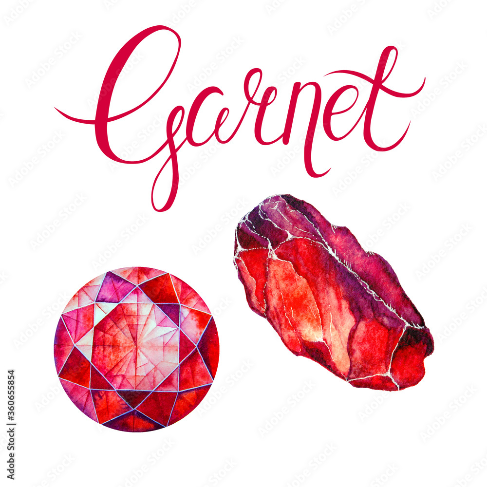 January birthstone Garnet isolated on white background. Watercolor illustration of red gem and crystal drawn by hand. Realistic scarlet faceted stones with lettering. Illustration Stock Adobe Stock