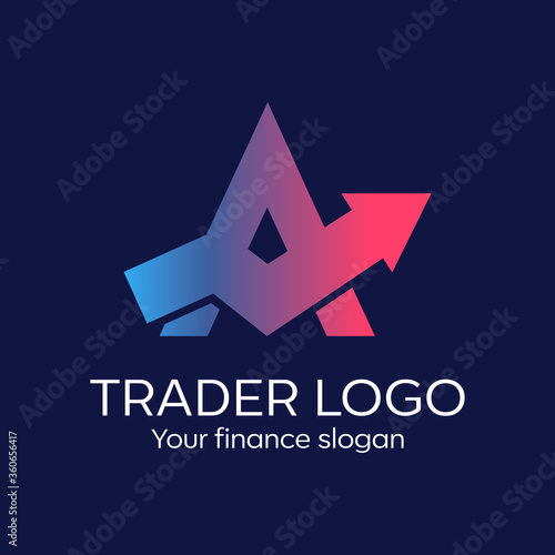 Logo with a successful graph up for business. Flat vector illustration. Letter A trader logo. Forex logo.