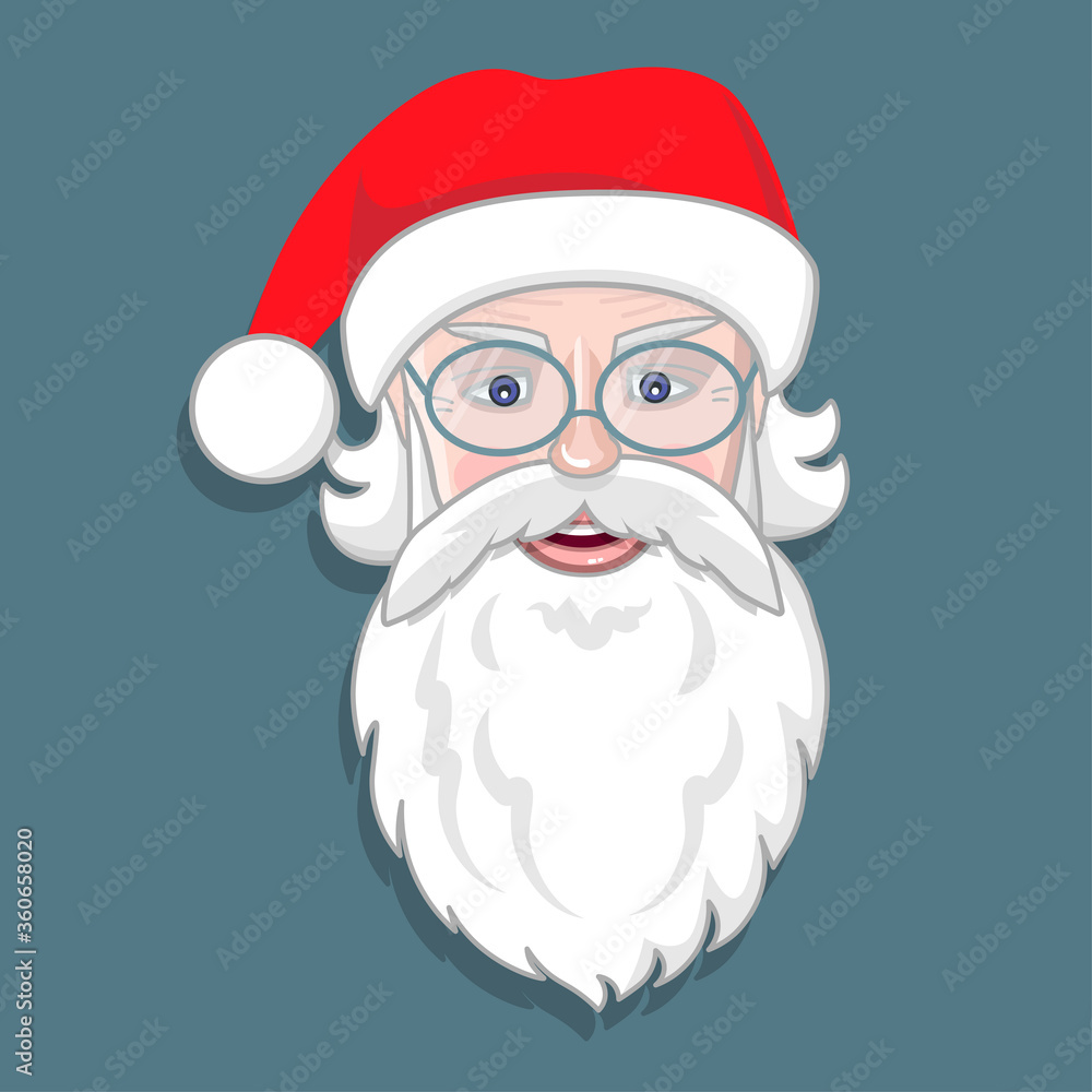 Santa Claus face with beard, eyeglasses and hat. Christmas cartoon character. Winter holiday. Vector illustration. Useful for sticker, icon, banner, card, print, badge. Santa Claus face with beard, eyeglasses and hat. Christmas cartoon character. Winter holiday. Vector illustration. Useful for sticker, icon, banner, card, print, badge.