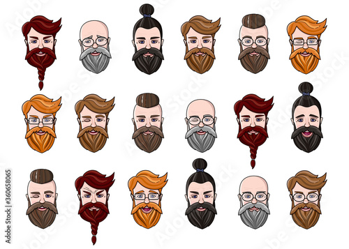Set of male characters in different emotions . Handsome men avatars. Isolated vector stylish gentlemen. Set of icons for barber shop.