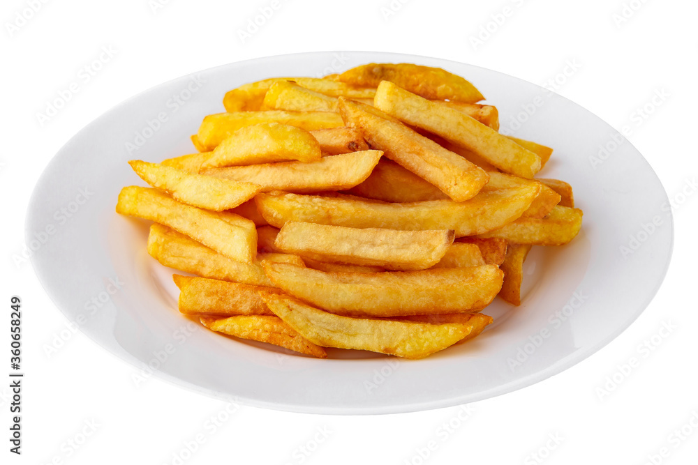 French fries. Golden, delicious, crispy and hearty. Fast food. Isolated on a white background. French fries. Golden, delicious, crispy and hearty. Fast food. Isolated on a white background.