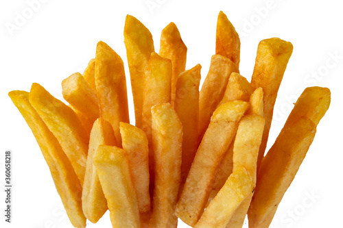 French fries. Golden, delicious, crispy and hearty. Fast food. Isolated on a white background.