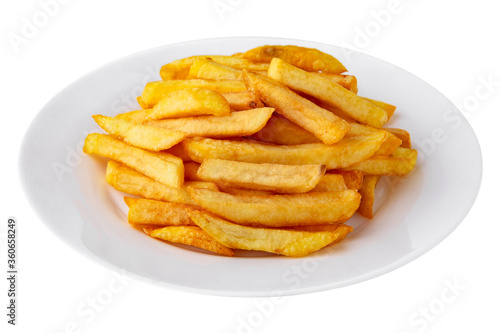 French fries. Golden, delicious, crispy and hearty. Fast food. Isolated on a white background.