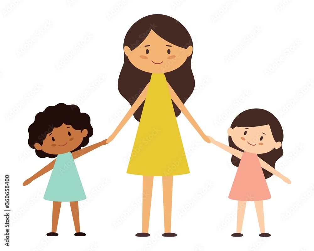 Woman holds girls hands. Dark-skinned and light-skinned children. Happy little kids are smiling. Woman holds girls hands. Dark-skinned and light-skinned children. Happy little kids are smiling.