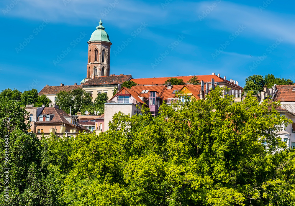 A view of the Mary Magdalene Tower from the edge of the Castle District in Budapest in the summertime