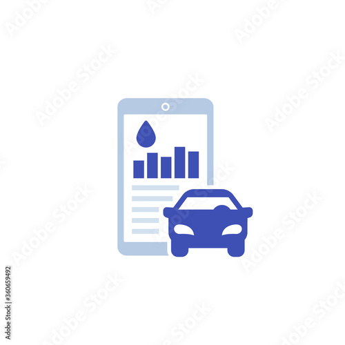 fuel consumption in app, vector icon with car and phone