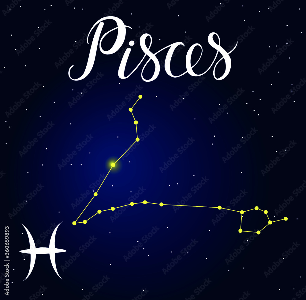 Vector hand drawn illustration of Pisces with lettering Astrology latin names, Horoscope Constellation and Zodiac sign on space background. Calligraphic inscription.