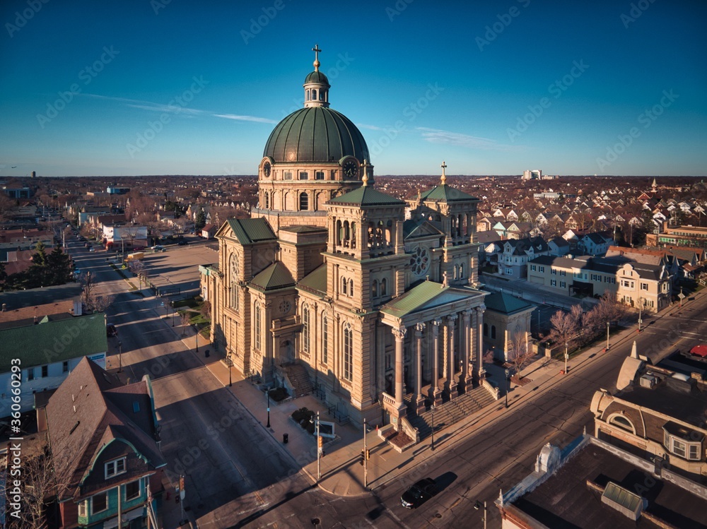 Aerial view of church in Milwaukee, WI.