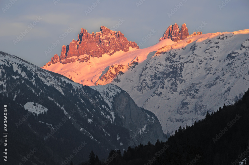 Sunset on Gross and Chli Spannort seen from Engelberg.