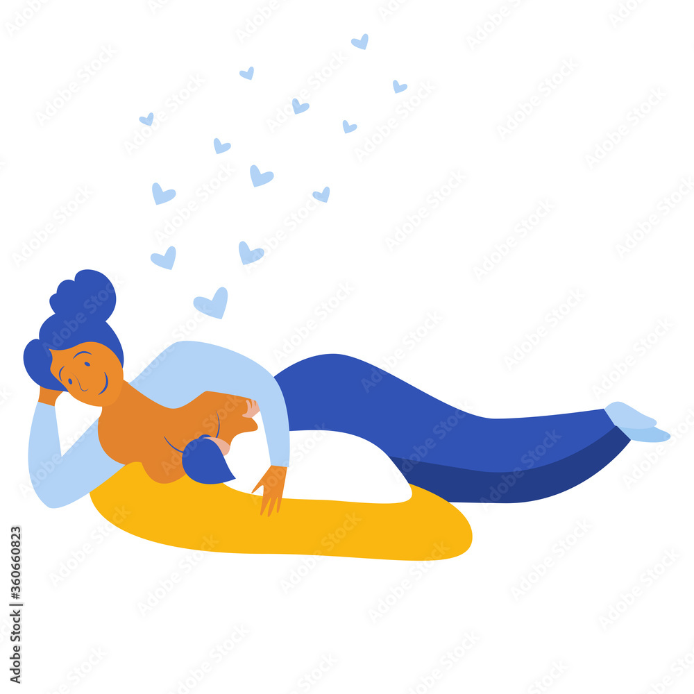 Fototapeta premium Breastfeeding position. Mother feeds baby with breast. Comfortable pose. Flat design vector illustration of breastfeeding concept. Colorful cartoon character mother feeding baby.