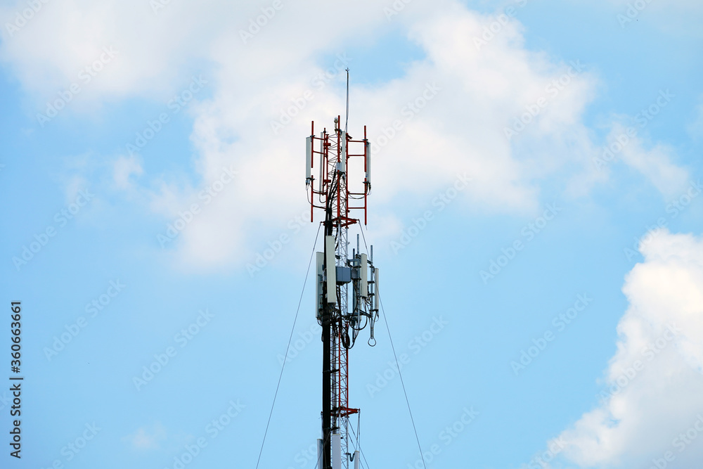 Telecommunication tower of 4G and 5G cellular. Macro Base Station. Wireless Communication Antenna Transmitter. Telecommunication tower with antennas. Telecommunication tower of 4G and 5G cellular. Macro Base Station. Wireless Communication Antenna Transmitter. Telecommunication tower with antennas.