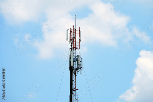Telecommunication tower of 4G and 5G cellular. Macro Base Station. Wireless Communication Antenna Transmitter. Telecommunication tower with antennas.