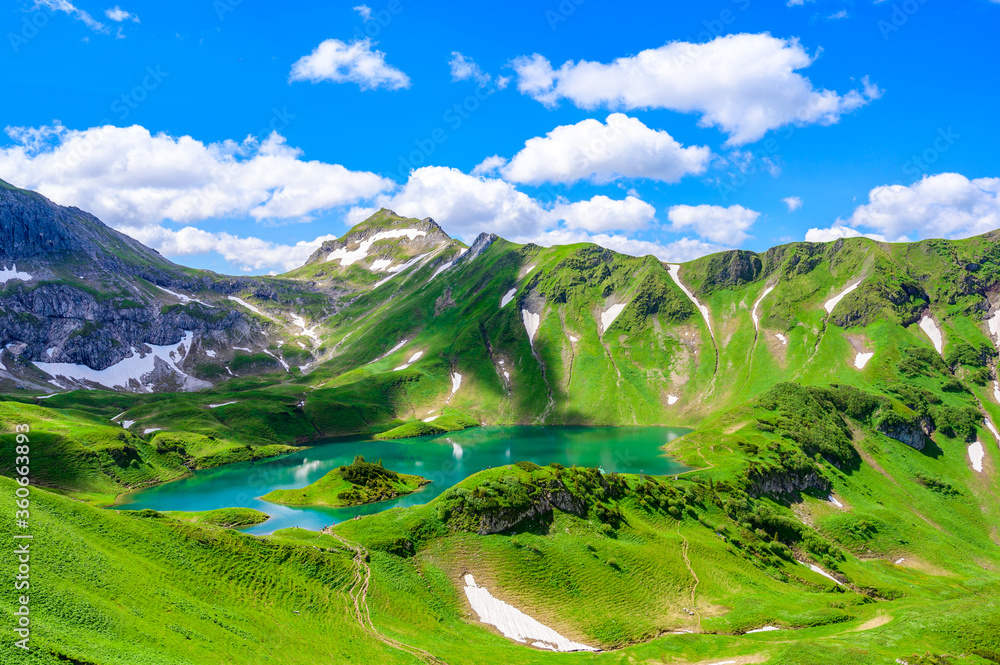 Lake Schrecksee - A beautiful turquoise alpine lake in the Allgaeu alps near Hinterstein, hiking destination in Bavaria, Germany