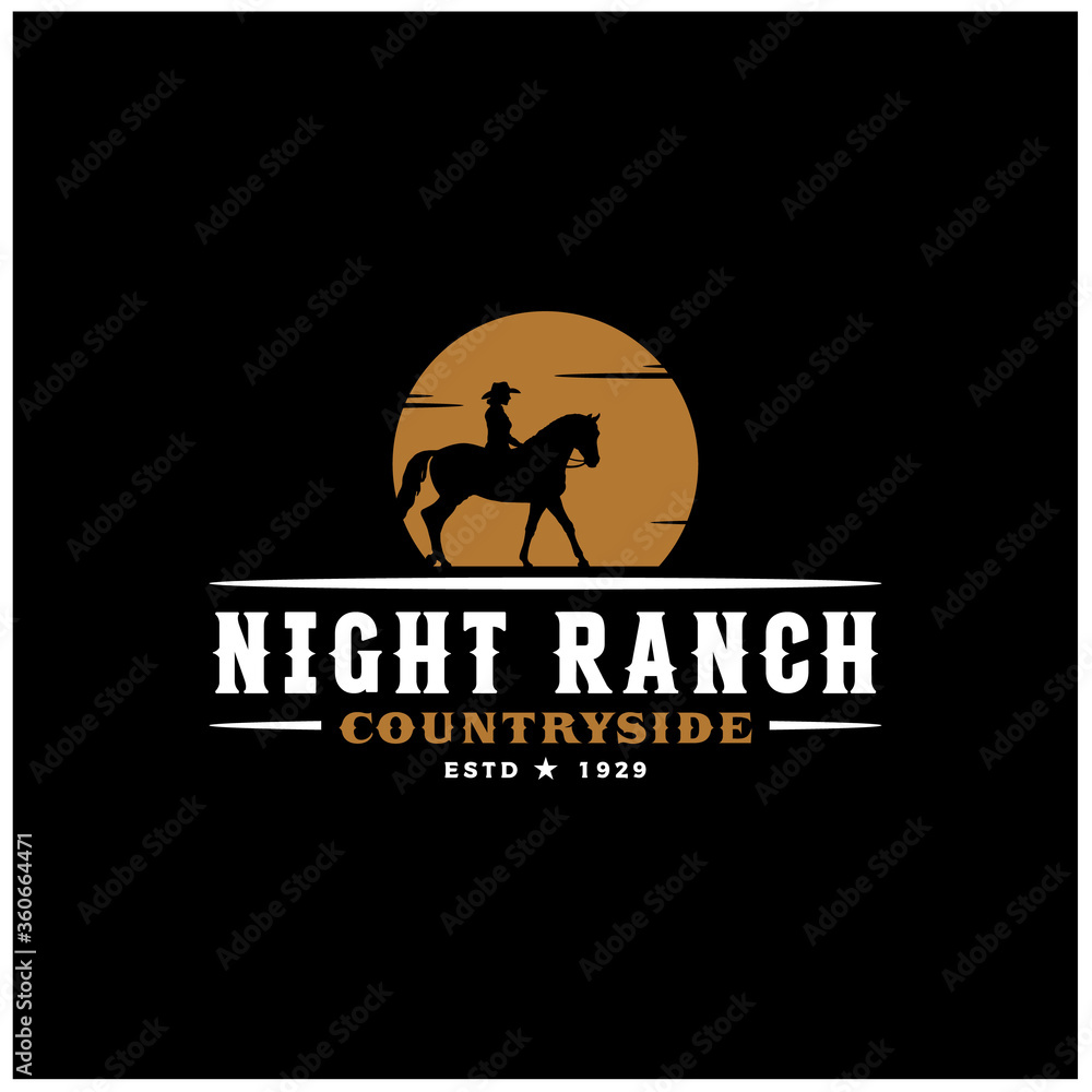Equestrian Female Woman Cowboy Riding Horse Silhouette at Sunset Sun / Moon logo design illustration
