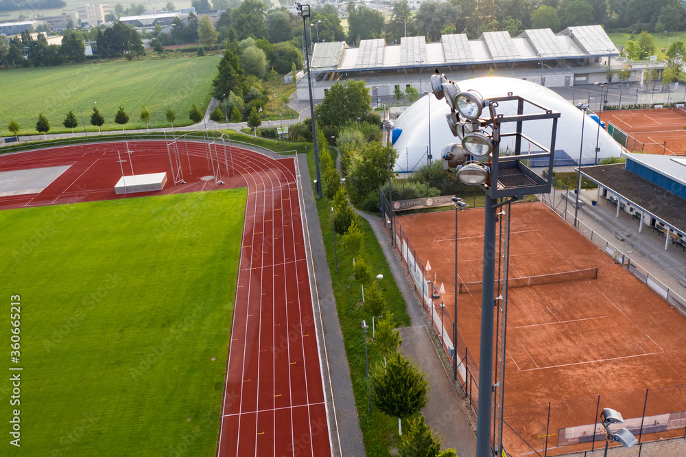 Aerial view of tennis court and stadium