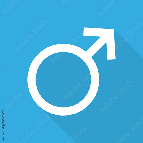 Vector man gender icon in flat style. Long Shadow. White symbol isolated on blue background.