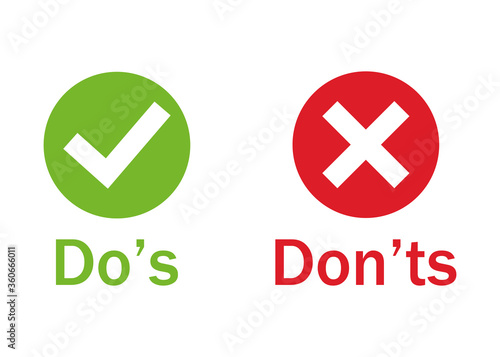 Dos and donts colored information signs. Question Answer Concept, checklist symbol review or evaluate. Green check marks and red crosses web buttons. Vector illustration.
